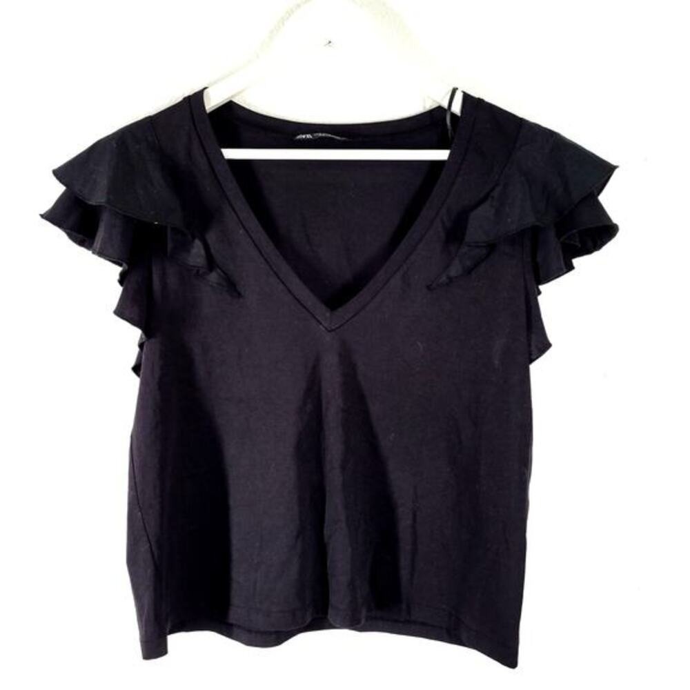 Zara Ruffle Sleeve V-Neck Top Womens Medium Black Tiered Cap Sleeve Tee